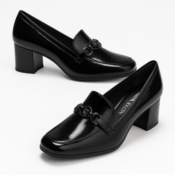 AK Anne Klein Treasure Black Patent Loafer Block Heels Size 6.5M | Minimalist - Picture 1 of 7